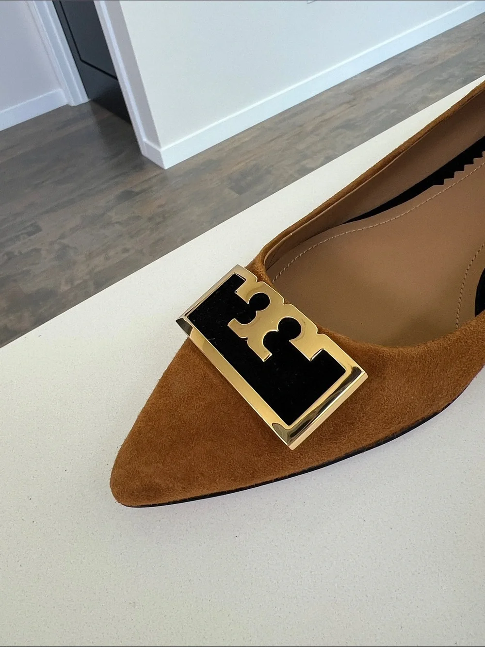 Tory Burch gigi 20mm pointy toe flat silk suede leather dark tiramisu tan black